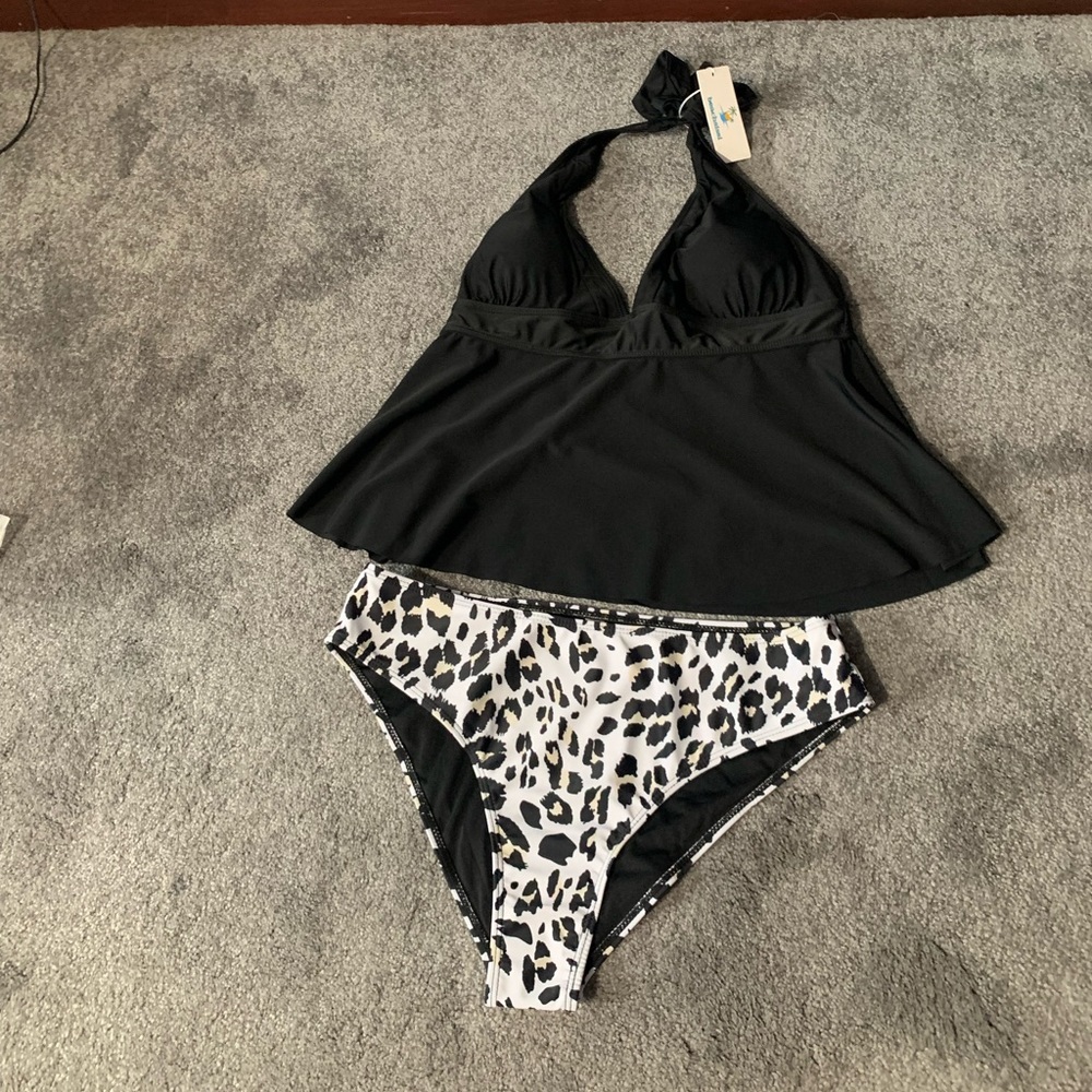 Leopard Print Halter Tankini Set